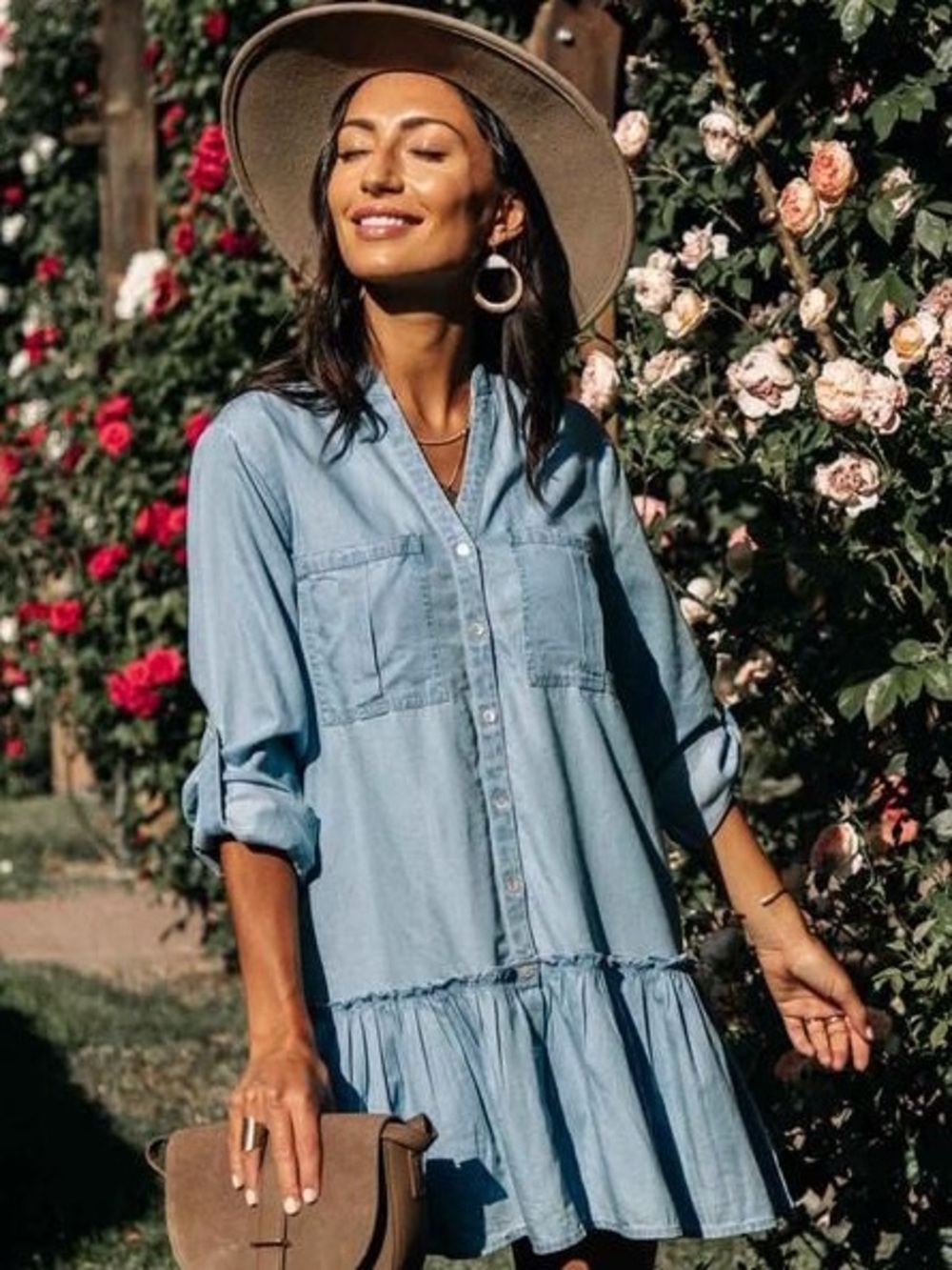 Boheme boho-western Light Blue Denim Shirt Dress with Ruffle Hem